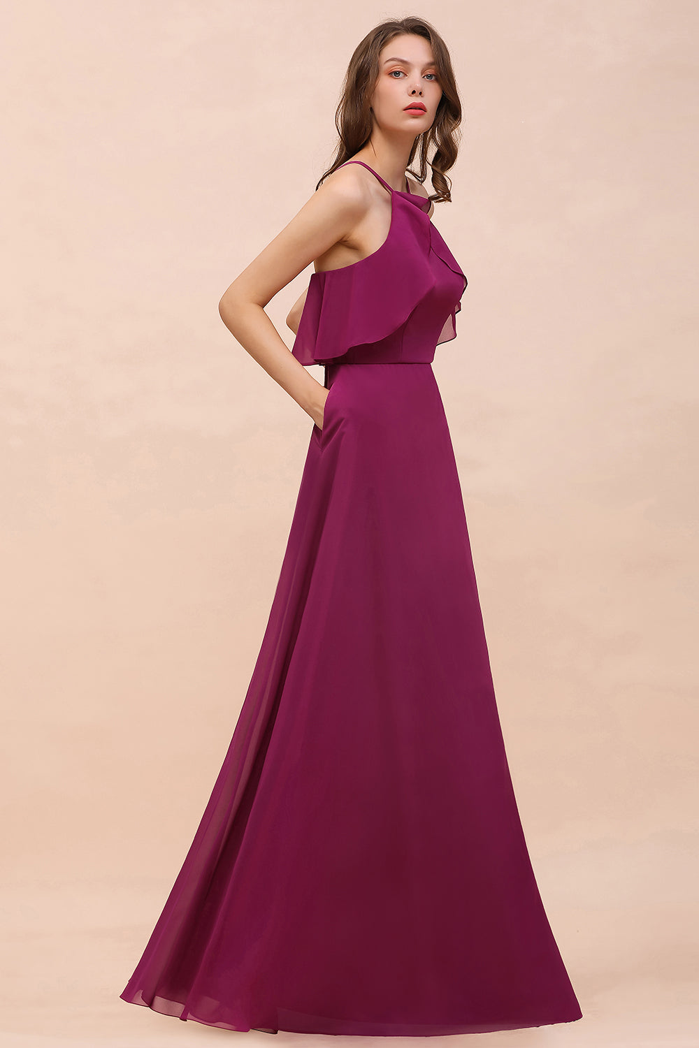 Stylish Spaghetti Straps Mulberry Chiffon Bridesmaid Dress with Ruffles-Babyonlines