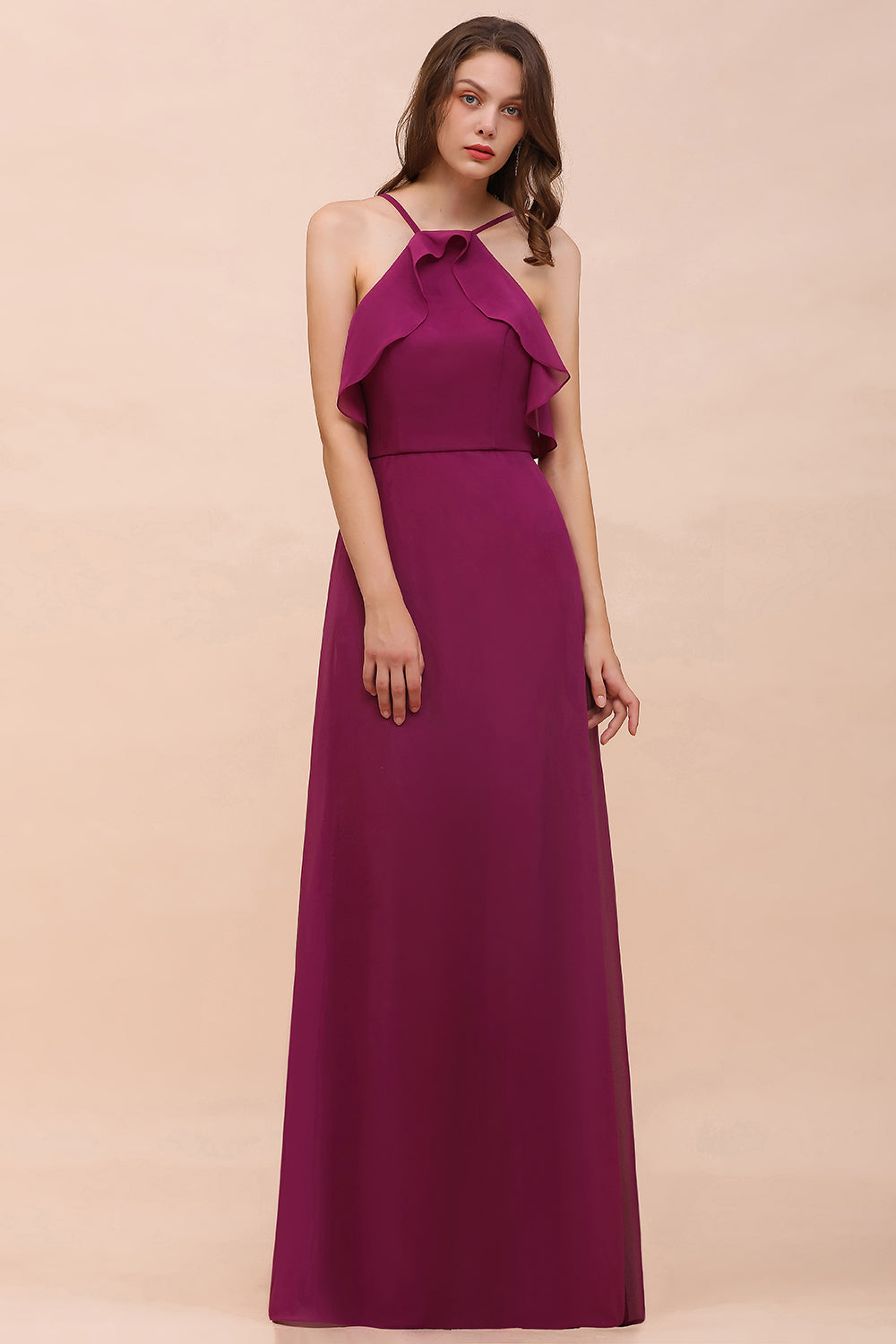Stylish Spaghetti Straps Mulberry Chiffon Bridesmaid Dress with Ruffles-Babyonlines