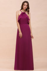 Stylish Spaghetti Straps Mulberry Chiffon Bridesmaid Dress with Ruffles-Babyonlines