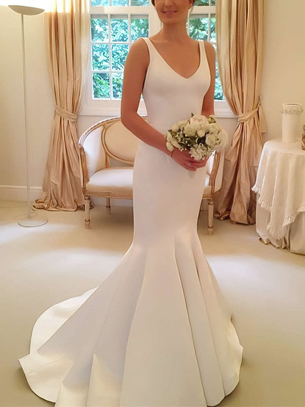 Stylish V-Neck Satin Wedding Dress With Bow & Mermaid Sweep Train