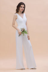 Stylish V-neck Sleeveless White Lace Bridesmaid Jumpsuit Online-Babyonlines