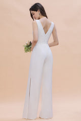 Stylish V-neck Sleeveless White Lace Bridesmaid Jumpsuit Online-Babyonlines