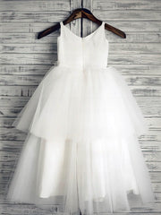 Tiered Flower Girl Dresses - Ball Gown Scoop Neck Satin Tulle Ankle-length