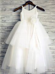 Tiered Flower Girl Dresses - Ball Gown Scoop Neck Satin Tulle Ankle-length