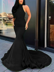 Trumpet/Mermaid High Neck Stretch Crepe Prom Dress with Cascading Ruffles and Sweep Train