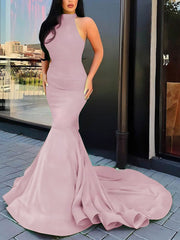 Trumpet/Mermaid High Neck Stretch Crepe Prom Dress with Cascading Ruffles and Sweep Train