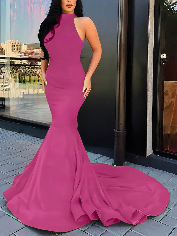 Trumpet/Mermaid High Neck Stretch Crepe Prom Dress with Cascading Ruffles and Sweep Train