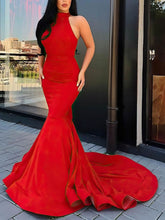 Trumpet/Mermaid High Neck Stretch Crepe Prom Dress with Cascading Ruffles and Sweep Train