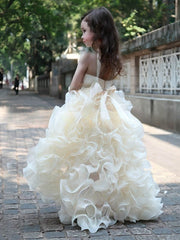 Unique A-line V-neck Organza Beading Asymmetrical Flower Girl Dresses