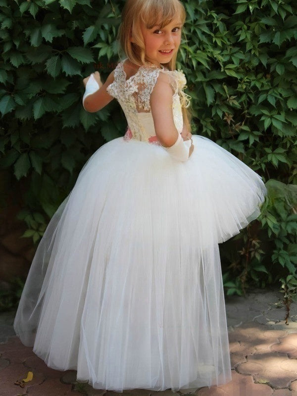 Unique Ball Gown Scoop Neck Tulle Beading Asymmetrical Flower Girl Dresses