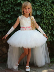 Unique Ball Gown Scoop Neck Tulle Beading Asymmetrical Flower Girl Dresses