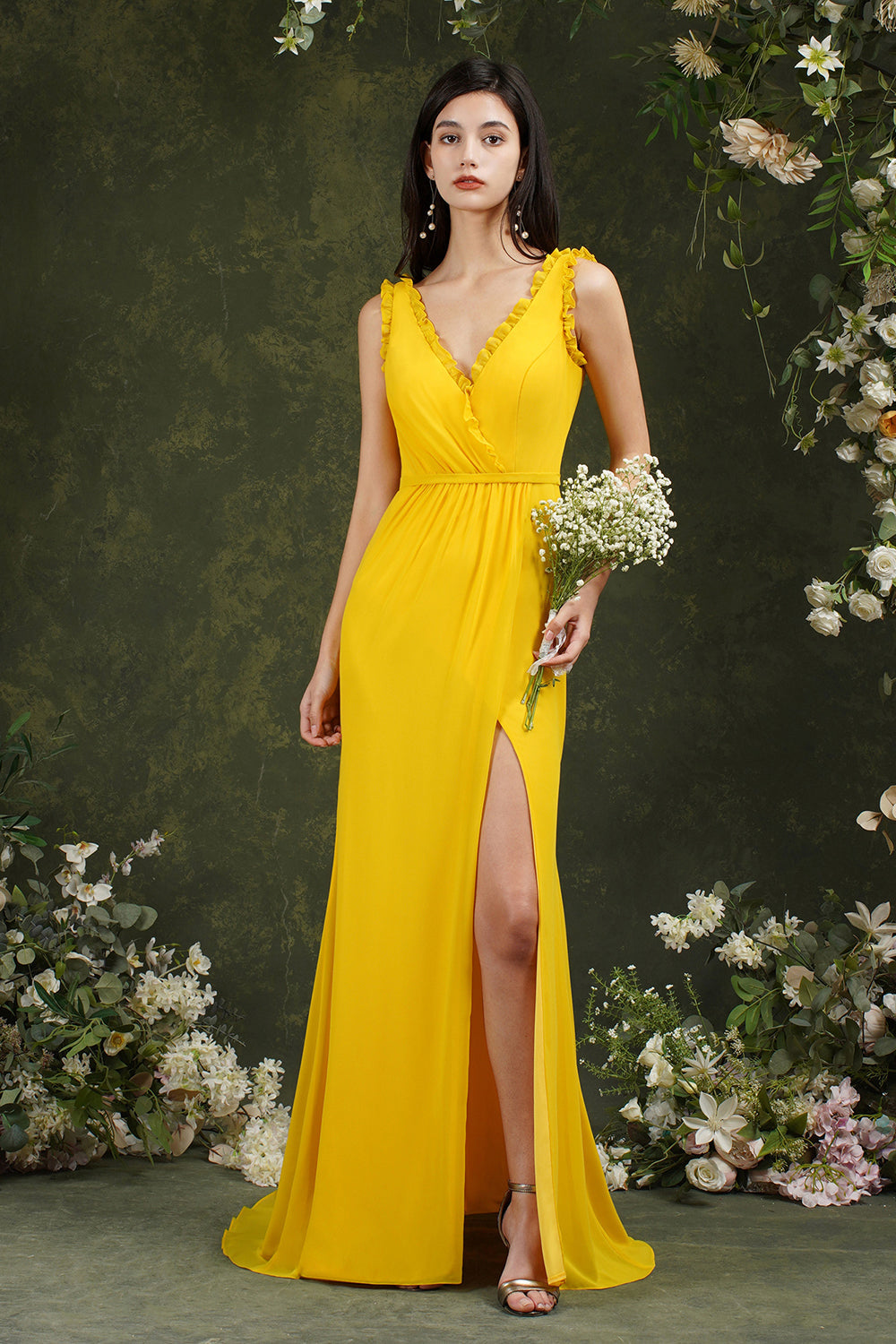 V-Neck Bridesmaid Dress Chiffon With Slit-Babyonlines