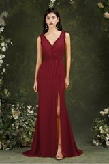 V-Neck Bridesmaid Dress Chiffon With Slit-Babyonlines