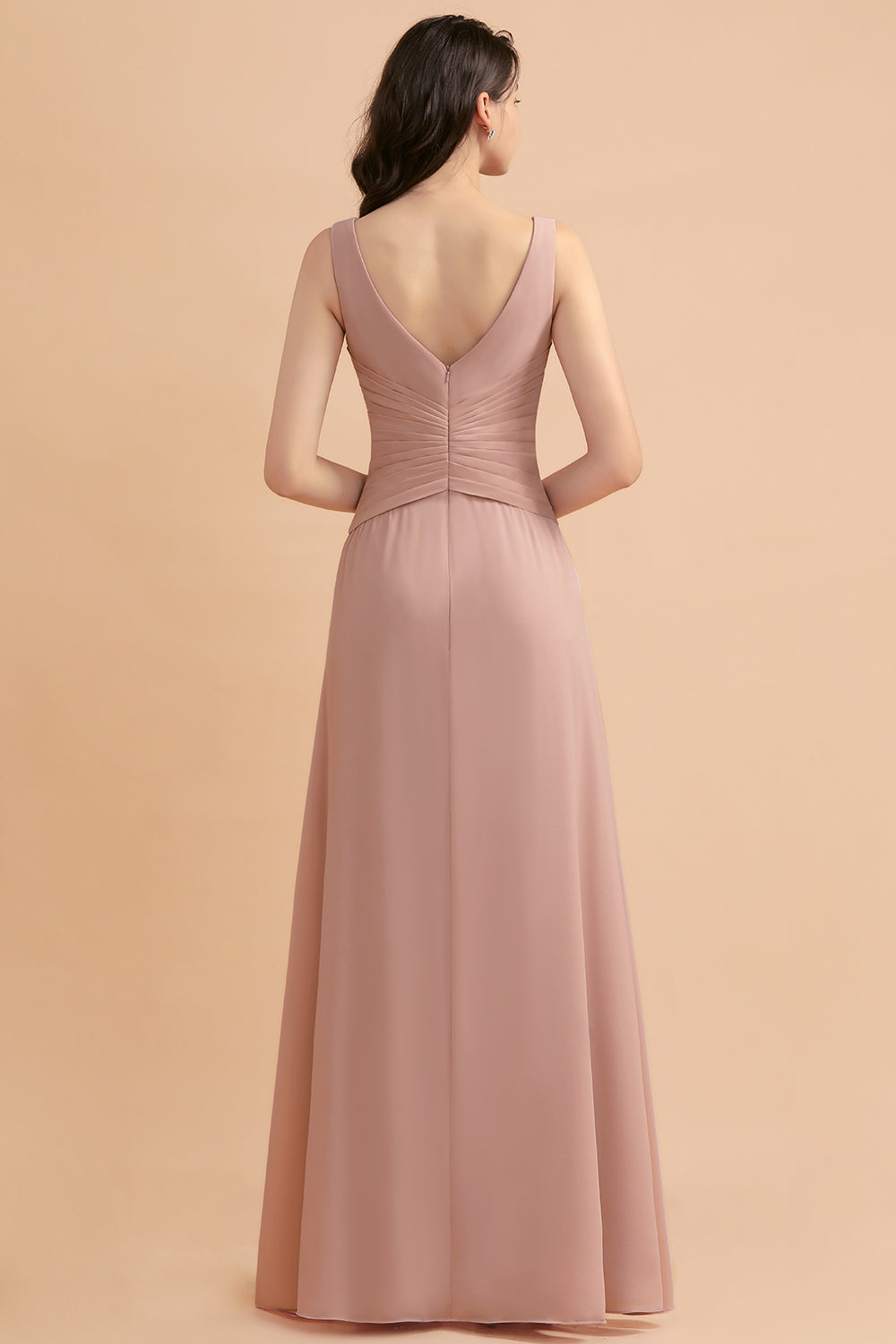 V-Neck Dusty Rose Chiffon Bridesmaid Dress with Ruffles-Babyonlines