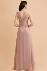 V-Neck Dusty Rose Chiffon Bridesmaid Dress with Ruffles-Babyonlines