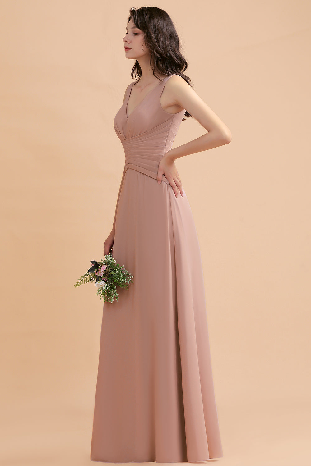 V-Neck Dusty Rose Chiffon Bridesmaid Dress with Ruffles-Babyonlines