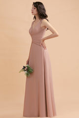 V-Neck Dusty Rose Chiffon Bridesmaid Dress with Ruffles-Babyonlines