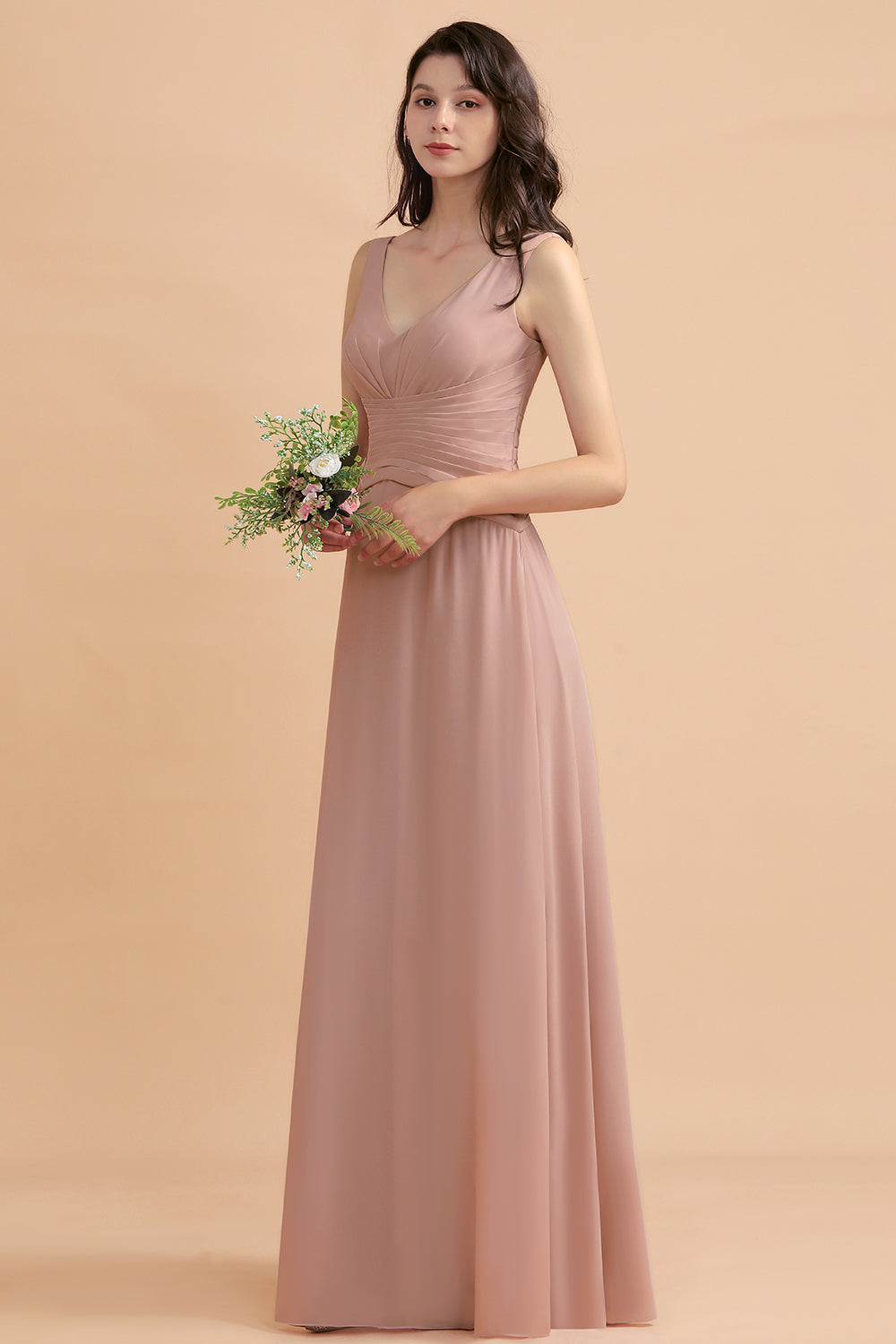 V-Neck Dusty Rose Chiffon Bridesmaid Dress with Ruffles-Babyonlines
