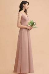 V-Neck Dusty Rose Chiffon Bridesmaid Dress with Ruffles-Babyonlines