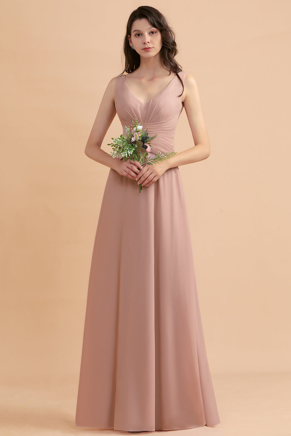 V-Neck Dusty Rose Chiffon Bridesmaid Dress with Ruffles-Babyonlines