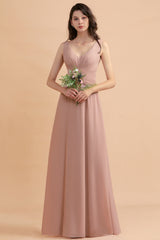 V-Neck Dusty Rose Chiffon Bridesmaid Dress with Ruffles-Babyonlines