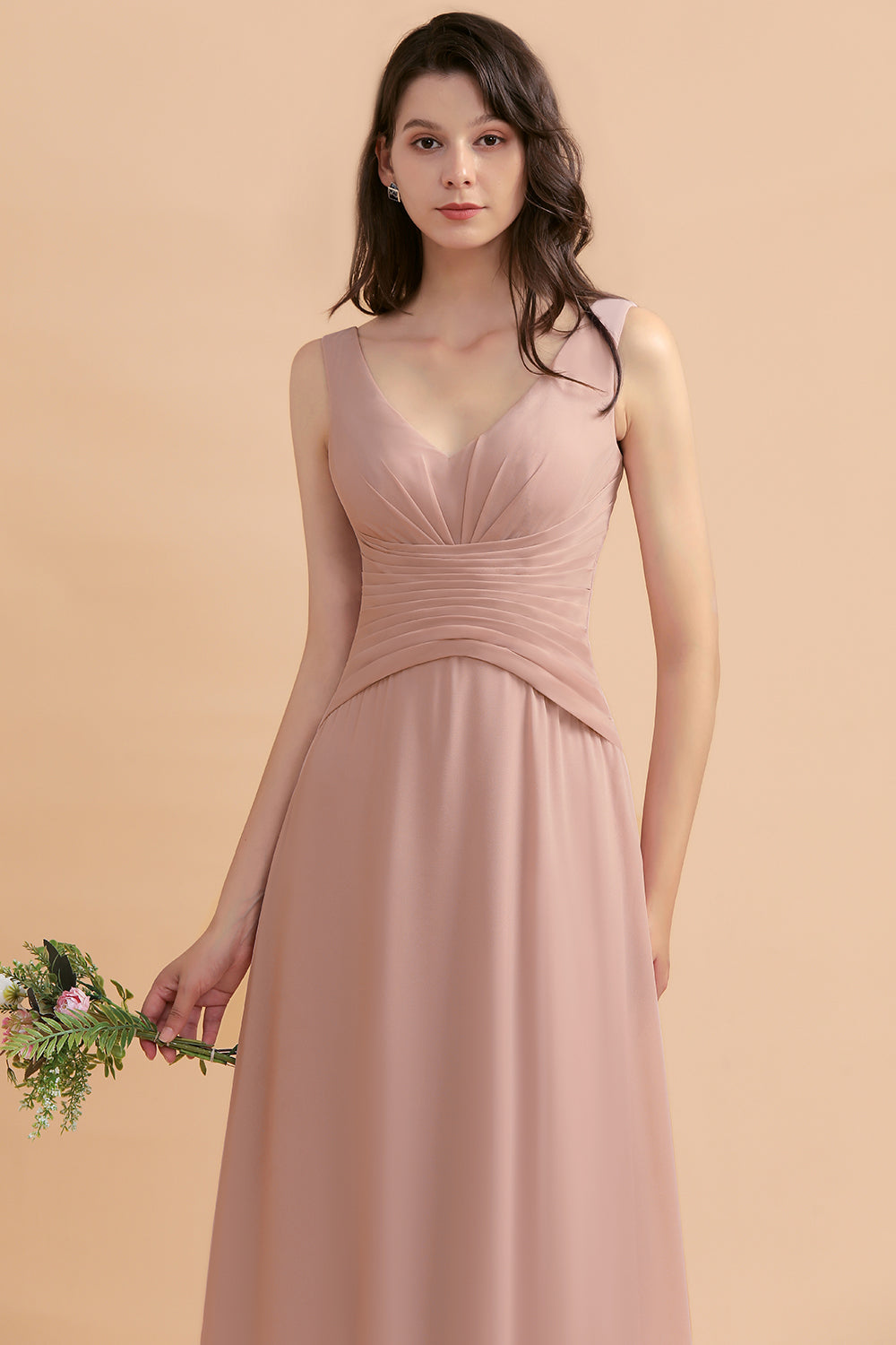 V-Neck Dusty Rose Chiffon Bridesmaid Dress with Ruffles-Babyonlines