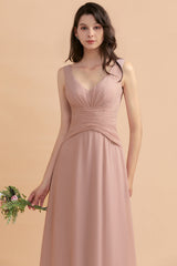 V-Neck Dusty Rose Chiffon Bridesmaid Dress with Ruffles-Babyonlines