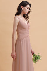 V-Neck Dusty Rose Chiffon Bridesmaid Dress with Ruffles-Babyonlines
