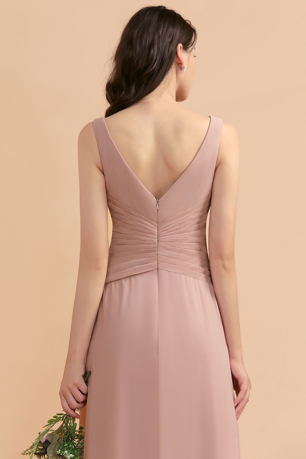 V-Neck Dusty Rose Chiffon Bridesmaid Dress with Ruffles-Babyonlines