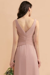 V-Neck Dusty Rose Chiffon Bridesmaid Dress with Ruffles-Babyonlines