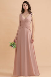 V-Neck Dusty Rose Chiffon Bridesmaid Dress with Ruffles-Babyonlines