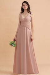 V-Neck Dusty Rose Chiffon Bridesmaid Dress with Ruffles-Babyonlines