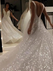 V-neck Glitter Sweep Train Wedding Dress for the Ball Gown Look