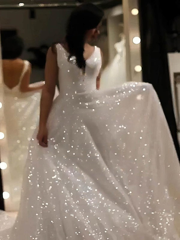 V-neck Glitter Sweep Train Wedding Dress for the Ball Gown Look