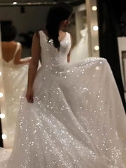 V-neck Glitter Sweep Train Wedding Dress for the Ball Gown Look