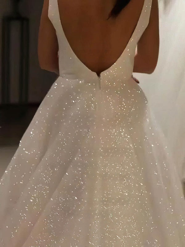 V-neck Glitter Sweep Train Wedding Dress for the Ball Gown Look