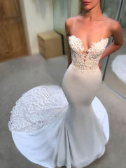 V-neck Lace Silk-like Satin Sweep Train Wedding Dress for the Trumpet/Mermaid Look
