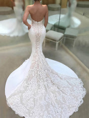 V-neck Lace Silk-like Satin Sweep Train Wedding Dress for the Trumpet/Mermaid Look