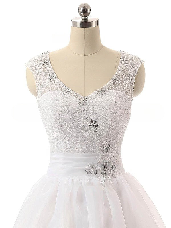 V-neck Organza Ball Gown Wedding Dress with Beading and Court Train