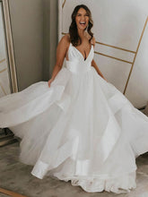V-neck Organza Ball Gown Wedding Dress with Ruffles and Sweep Train
