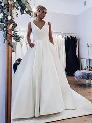 V-neck Satin Ball Gown Wedding Dress with Pockets and Sweep Train