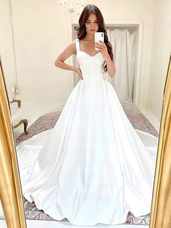 V-neck Satin Ball Gown Wedding Dresses with Court Train
