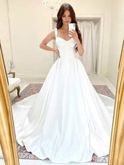 V-neck Satin Ball Gown Wedding Dresses with Court Train