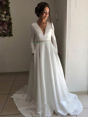 V-neck Satin Court Train Wedding Dress with Pockets for Ball Gown