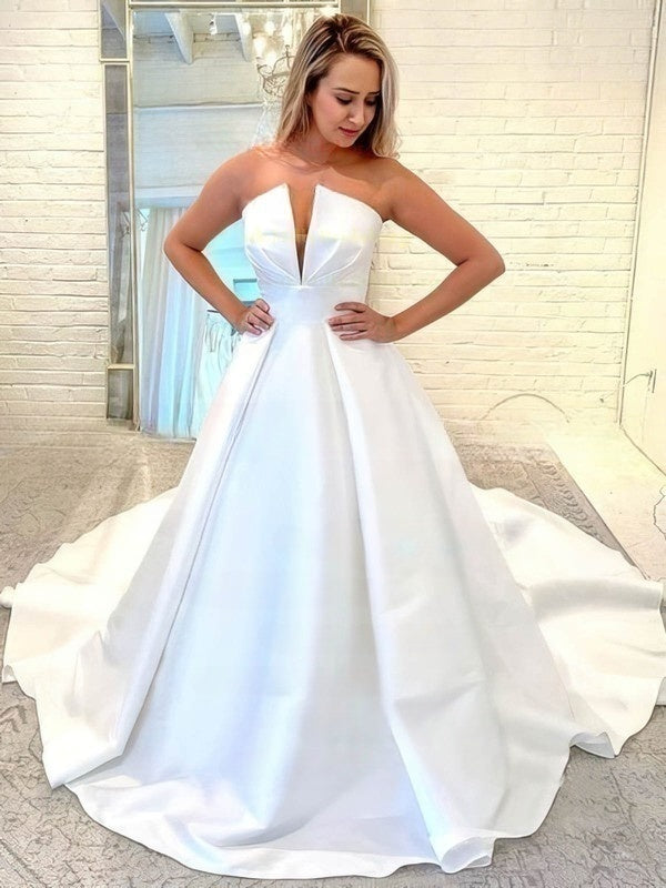 V-neck Satin Court Train Wedding Dresses for a Ball Gown Look
