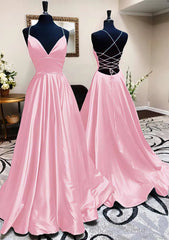 V-neck Satin Sweep Train Ball Gown Prom Dresses