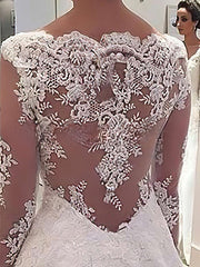 V-neck Satin Sweep Train Wedding Dress with Appliques Lace - Ball Gown