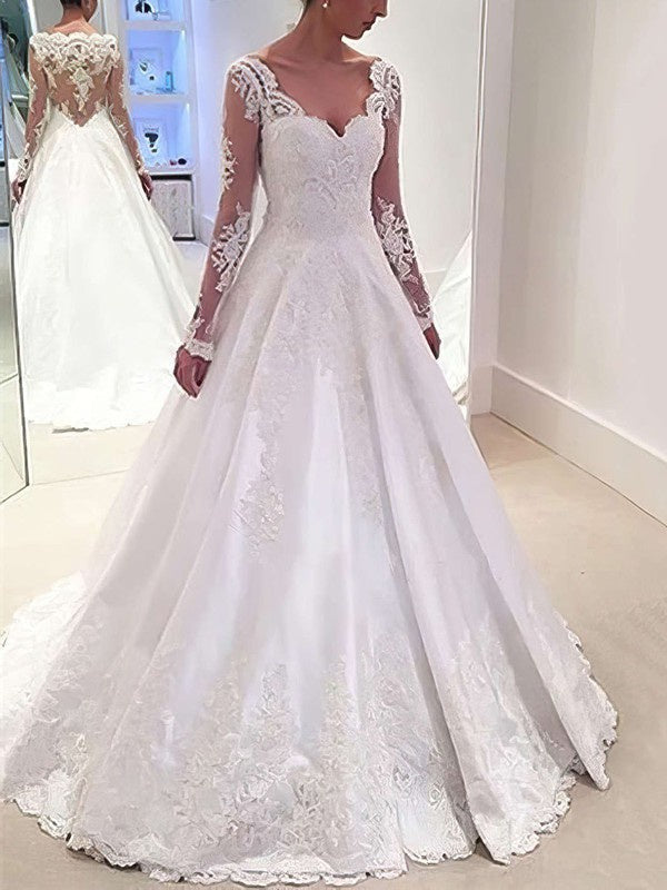 V-neck Satin Sweep Train Wedding Dress with Appliques Lace - Ball Gown