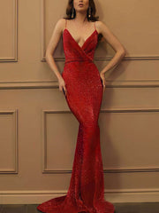 V-neck Shimmer Crepe Prom Dress: Trumpet/Mermaid Sweep Train