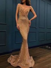 V-neck Shimmer Crepe Prom Dress: Trumpet/Mermaid Sweep Train